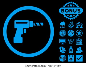 Drill icon with bonus pictogram. Vector illustration style is flat iconic symbols, blue color, black background.