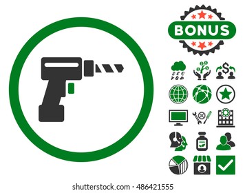 Drill icon with bonus pictogram. Vector illustration style is flat iconic bicolor symbols, green and gray colors, white background.