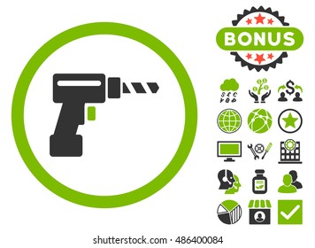 Drill icon with bonus pictures. Vector illustration style is flat iconic bicolor symbols, eco green and gray colors, white background.