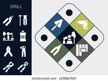  drill icon set. 13 filled drill icons. Simple modern icons about  - Pump jack, Pliers, Plier, Derrick, Mouthwash, Screw, Caulk gun, Trowel, Wallpaper