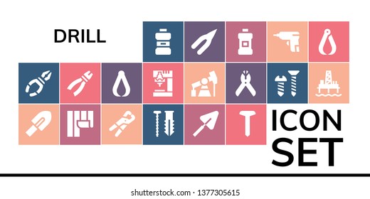 drill icon set. 19 filled drill icons.  Collection Of - Mouthwash, Pliers, Trowel, Wallpaper, Screw, Drill, Pump jack, Oil pump, Caulk gun