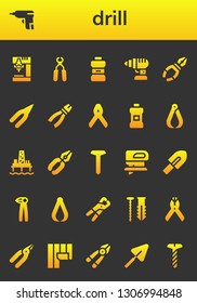 drill icon set. 26 filled drill icons.  Collection Of - Drill, Caulk gun, Pliers, Mouthwash, Oil pump, Screw, Fretsaw, Trowel, Wallpaper, Plier
