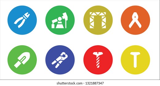 drill icon set. 8 filled drill icons.  Collection Of - Pliers, Trowel, Pump jack, Rigging, Screw