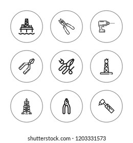 Drill icon set. collection of 9 outline drill icons with derrick, oil pump icons. editable icons.