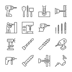Drill Icons Set. Drills And Drill Bits, Perforator, Icon Collection. Application Of The Tool. Drilling Walls And Objects. Line With Editable Stroke