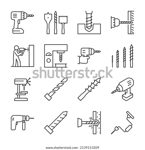 Drill icons set. Drills and drill bits,\
perforator, icon collection. Application of the tool. Drilling\
walls and objects. Line with editable\
stroke