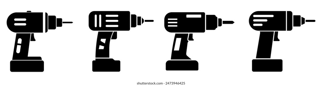 Iconos de taladro establecidos en diseño plano. Ilustración vectorial del icono de taladro inalámbrico. Concepto de construcción, bricolaje, reparación y trabajos de carpintería