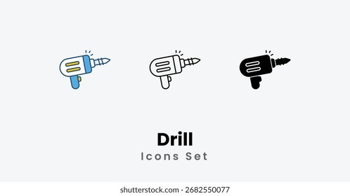 Drill Icons thin line, Black Glyph, Colored Line vector icon stock illustration