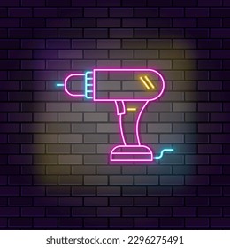 Drill, installation, repair neon icon brick wall and dark background.