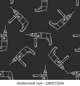Drill isolated seamless pattern on dark gray almost black background. llustration on the theme of apartment renovation and tools for repair.