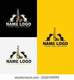 Drill logo. Drilling rig logo design inspiration. Heavy equipment logo vector for construction company. Construction drill logo