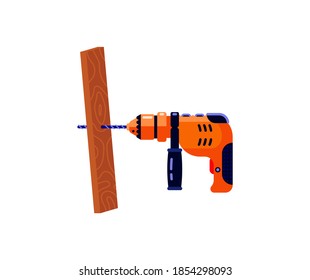 A drill makes a hole in a wooden board. Children's teaching image. Vector stock illustration in flat design