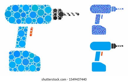 Drill mosaic of filled circles in different sizes and shades, based on drill icon. Vector filled circles are grouped into blue mosaic. Dotted drill icon in usual and blue versions.