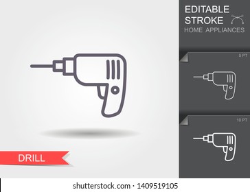 Drill. Outline icon with editable stroke. Linear symbol of the home appliances with shadow