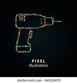 Drill - pixel icon. Vector Illustration. Design logo element. Isolated on black background. It is easy to change to any color.