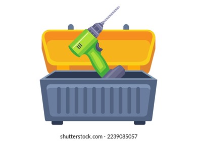 drill in a plastic box with tools. flat vector illustration.