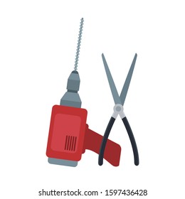 drill and pliers tool over white background, colorful design, vector illustration