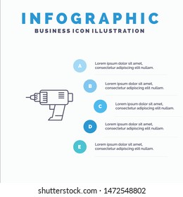 Drill, Power, Machine, Cordless, Electronics Line icon with 5 steps presentation infographics Background