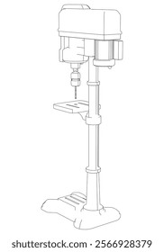 Drill Press Line Art Vector Illustration on White Background. High-Precision Design for Metalworking, Carpentry, and Industrial Applications