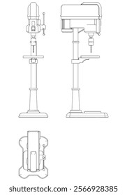 Drill Press Line Art Vector Illustration on White Background. High-Precision Design for Metalworking, Carpentry, and Industrial Applications