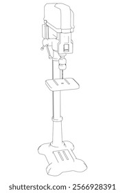 Drill Press Line Art Vector Illustration on White Background. High-Precision Design for Metalworking, Carpentry, and Industrial Applications