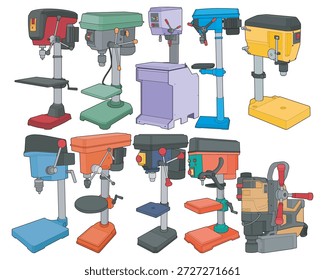 Paquete de ilustración de máquina de prensa de taladro con múltiples modelos de taladro de banco y piso en estilo plano limpio, adecuado para uso industrial, de taller, de fabricación y de diseño mecánico.