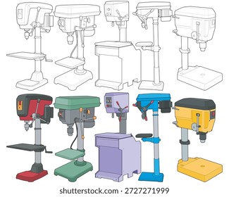 Paquete de ilustración de la máquina de prensa de taladro que combina el contorno y las versiones coloreadas, con varios modelos de taladro de banco y piso para aplicaciones industriales, de taller, de fabricación y de diseño técnico.