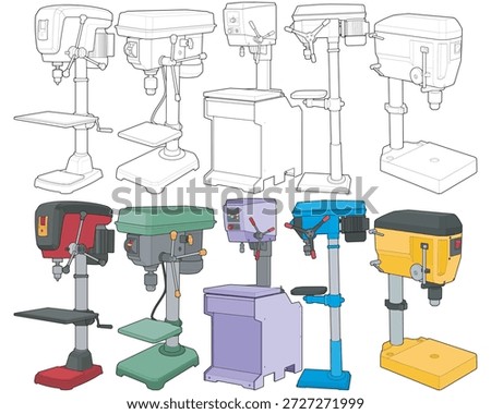 Drill press machine illustration bundle combining outline and colored versions, featuring various bench and floor drill models for industrial, workshop, manufacturing, and technical design applications.