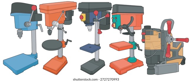 Ilustración del conjunto de máquinas de prensa de taladro en estilo plano limpio, que muestra varios diseños de taladros de banco y piso para taller, fabricación y uso industrial.