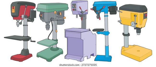 Ilustración del conjunto de máquinas de prensa de taladro en estilo plano limpio, que muestra varios diseños de taladros de banco y piso para taller, fabricación y uso industrial.