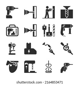 Drill, screwdriver icons set. Drilling equipment. Attachments, tools. Monochrome black and white icon.