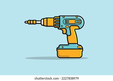 Perforación con ilustración vectorial del destornillador. Herramientas concepto de icono de objeto. Herramienta de reparación y diseño del vector de perforación de herramientas de trabajo. Máquina de perforación inalámbrica con fondo azul.