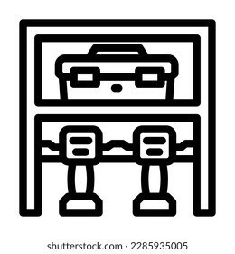 Bohrregal Garage Werkzeuglinie Symbol Vektorgrafik. Bohrschachtelwerkzeuge-Symbol isoliertes Kontursymbol