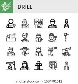 drill simple icons set. Contains such icons as Construction, Plumber, Carpenter, Painter, Pumpjack, Painting tools, Builder, Dental drill, can be used for web, mobile and logo