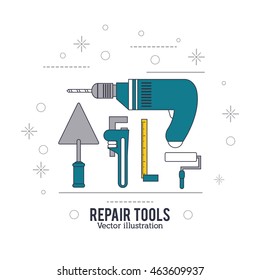 Drill spatula wrench roll paint ruler tool icon. Repair construction concept. Isolated and Colorfull illustration. Vector graphic