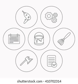 Drill tool, bucket of paint and axe icons. Brush linear sign. Check file, calendar and cogwheel icons. Vector