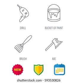 Drill tool, bucket of paint and axe icons. Brush linear sign. Shield protection, calendar and new tag web icons. Vector