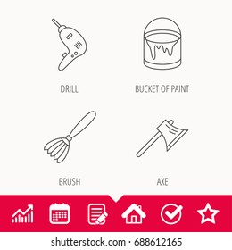 Drill tool, bucket of paint and axe icons. Brush linear sign. Edit document, Calendar and Graph chart signs. Star, Check and House web icons. Vector