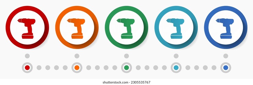 Drill, tool concept vector icon set, infographic template, flat design colorful web buttons in 5 color options