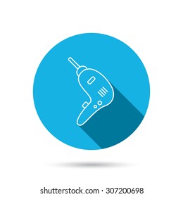 Drill tool icon. Electric jack-hammer sign. Blue flat circle button with shadow. Vector