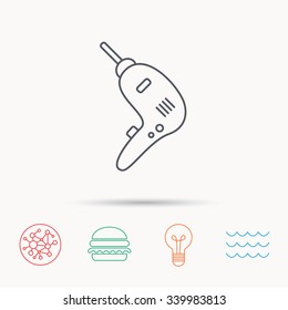 Drill tool icon. Electric jack-hammer sign. Global connect network, ocean wave and burger icons. Lightbulb lamp symbol.