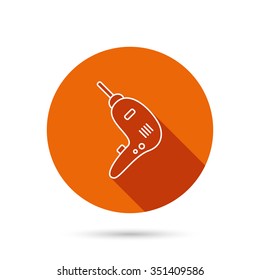 Drill tool icon. Electric jack-hammer sign. Round orange web button with shadow.