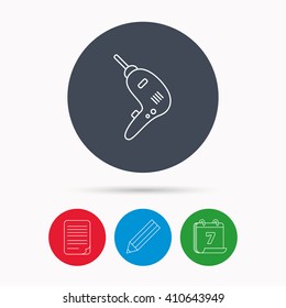 Drill tool icon. Electric jack-hammer sign. Calendar, pencil or edit and document file signs. Vector