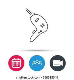 Drill tool icon. Electric jack-hammer sign. Group of people, video cam and calendar icons. Vector