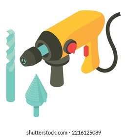 Drill Tool Icon Isometric Vector. Electric Drill, Metal Drill Bit, Step Drill Bit. Electric Tool, Construction And Repair Work