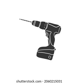 Drill Tool Icon Silhouette Illustration. Repair Instruments Vector Graphic Pictogram Symbol Clip Art. Doodle Sketch Black Sign.