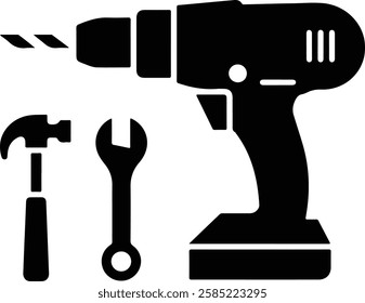 Drill and tools black icon, concept illustration, glyph symbol, vector flat sign.