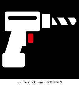 Drill vector icon. Style is bicolor flat symbol, red and white colors, rounded angles, black background.