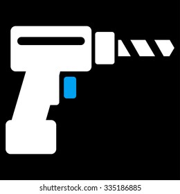 Drill vector icon. Style is bicolor flat symbol, blue and white colors, rounded angles, black background.