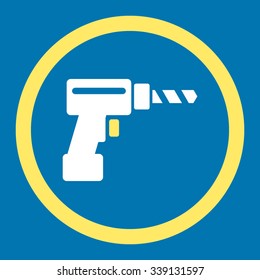 Drill vector icon. Style is bicolor flat rounded symbol, yellow and white colors, rounded angles, blue background.